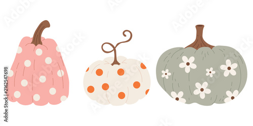 Collection of cute autumn pumpkins with polka dots and floral pattern isolated on white background. Pastel fall harvest icons for thanksgiving cards, autumn stickers, and seasonal prints