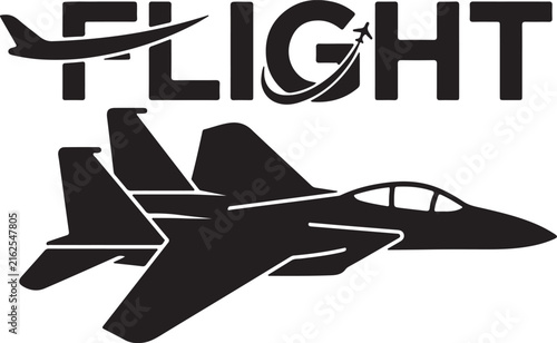 Flight logo with airplane and fighter jet silhouette on white background aircraft aviation