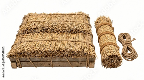 Prefabricated thatched roof module with straw bundles and rope for rustic construction