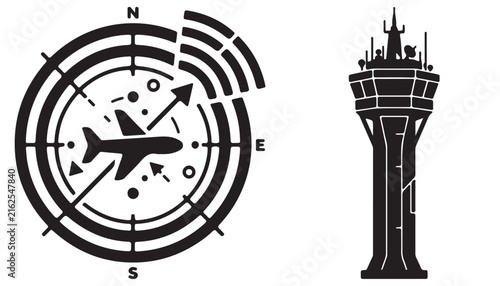 Radar Compass with Airplane and Air Traffic Control Tower Icons Keywords: radar, compass, airplane, aircraft, air traffic control, tower, airport
