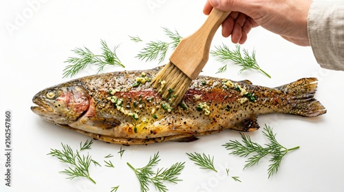 Chef brushing fresh trout with garlic butter and herbs for gourmet seafood cooking