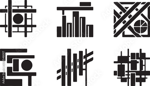 Six abstract geometric black and white graphic symbols on a white background Keywords: abstract, graphic, geometric, symbol, design, art, pattern