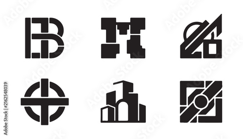 Six Abstract Geometric Black Logos on White Background graphic symbol