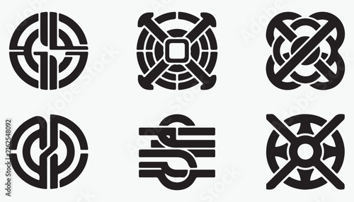 Six abstract geometric circular and square logos in black on white Keywords: logo, symbol, abstract, geometric, circular, square, design, graphic