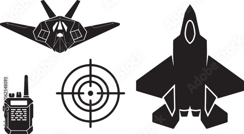 Stealth fighter jet, walkie-talkie, and targeting reticle icons Keywords: stealth fighter, jet, aircraft, airplane, military, aviation, warplane