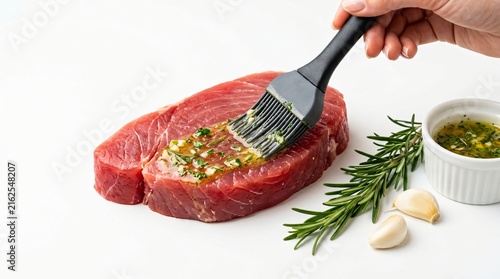 Hand brushing fresh raw tuna steak with herb butter marinade for cooking preparation.