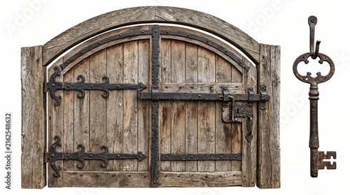 Vintage wooden gate with iron hinges and an antique skeleton key isolated on white