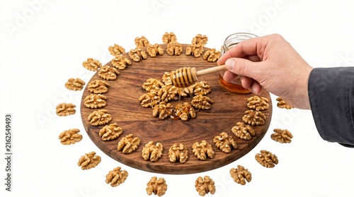 Hand drizzling honey over fresh walnut halves on a rustic wooden board isolated on white
