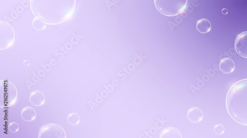 Abstract background with floating transparent soap bubbles on purple gradient