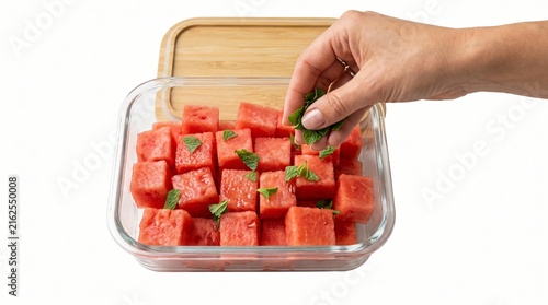 Hand adding fresh mint leaves to a glass container filled with diced watermelon cubes.