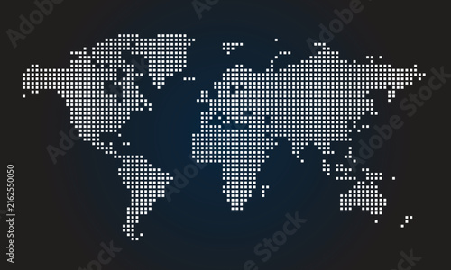 Canvas Print Digital pixel square dotted world map vector illustration on dark blue background representing global communication technology and network