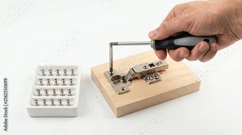 Hand using screwdriver to install metal cabinet hinge on wooden board