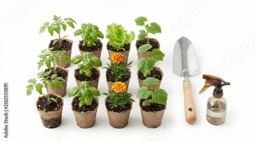 Young vegetable seedlings in peat pots with gardening tools on white background