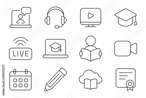 Online education set icon. Virtual classroom, learning support, media player, graduation achievement, live broadcast, academic platform, study session, video communication