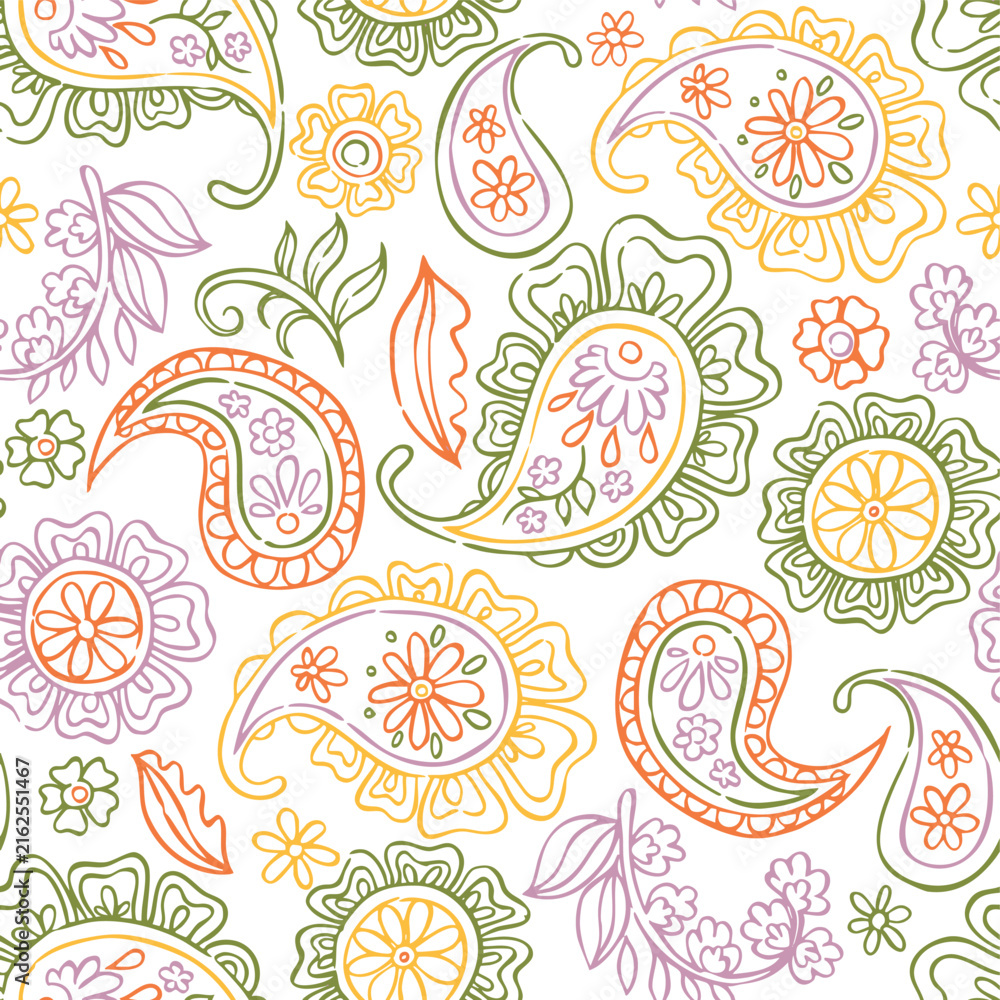 Fototapeta premium Seamless pattern of oriental ornaments, flowers, and paisley. soft color vector illustration.
