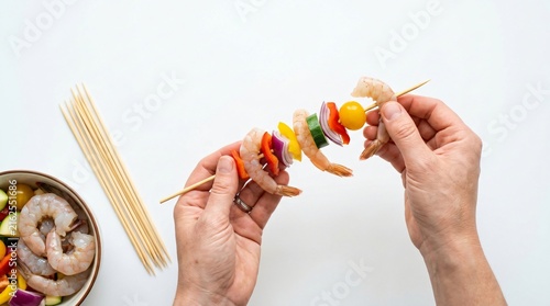Hands preparing fresh shrimp skewers with colorful vegetables for grilling or barbecue.