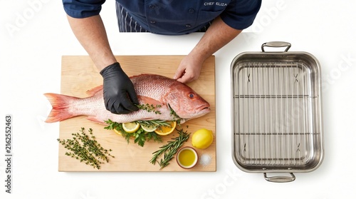 Chef stuffing fresh red snapper with herbs and citrus on a wooden cutting board