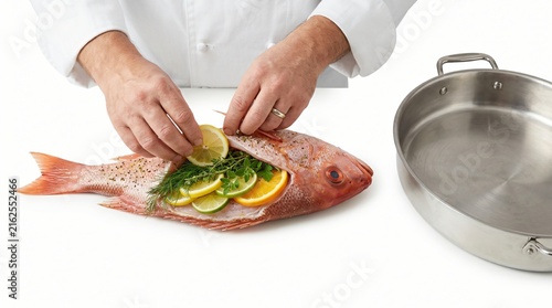 Chef stuffing fresh red snapper with citrus slices and herbs for gourmet cooking