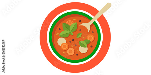 Canvastavla Bowl of tomato soup with basil and carrots, a spoon and a plate border, healthy meal