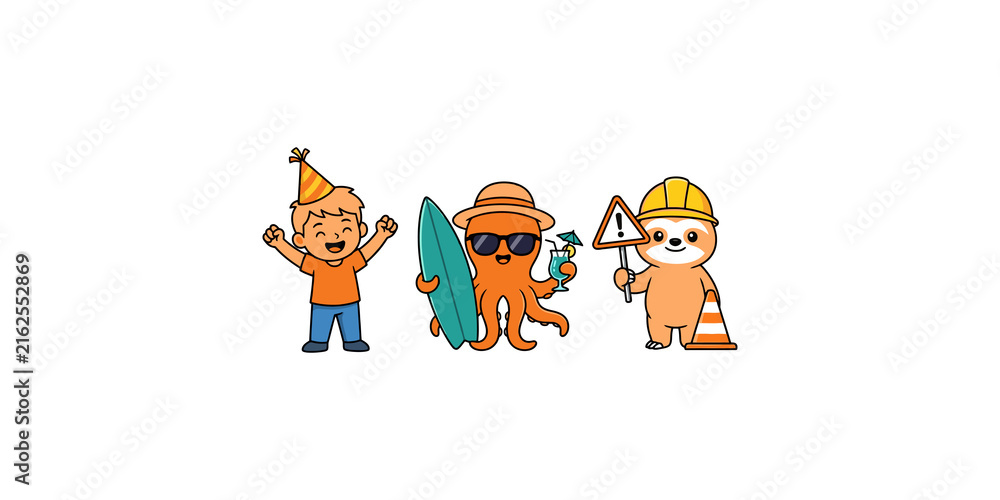 Fototapeta premium Fun cartoon character set with birthday boy surfing octopus and construction sloth for playful creative project art.