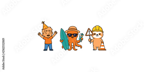 Photography Fun cartoon character set with birthday boy surfing octopus and construction sloth for playful creative project art