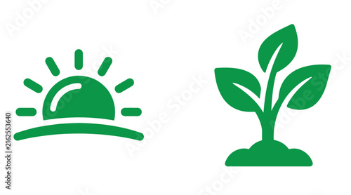 Green icons showing sunrise and a growing plant for nature and environment concepts with environment graphics daybreak illustration development sustainable gardening