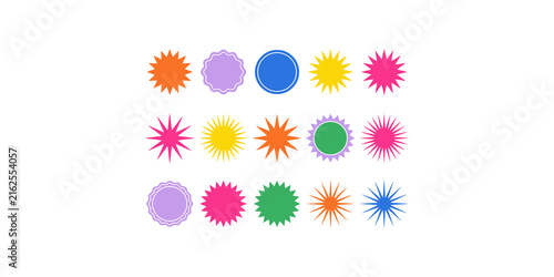 Sunburst sticker badge collection with starburst labels in orange blue yellow and pink for marketing sale and promotions.