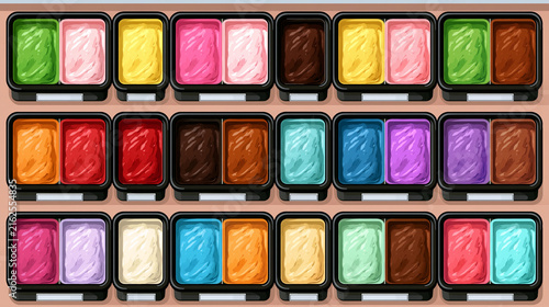 Colorful Ice Cream Gelato Flavors in Display Case Trays Flat 2D Illustration Dessert