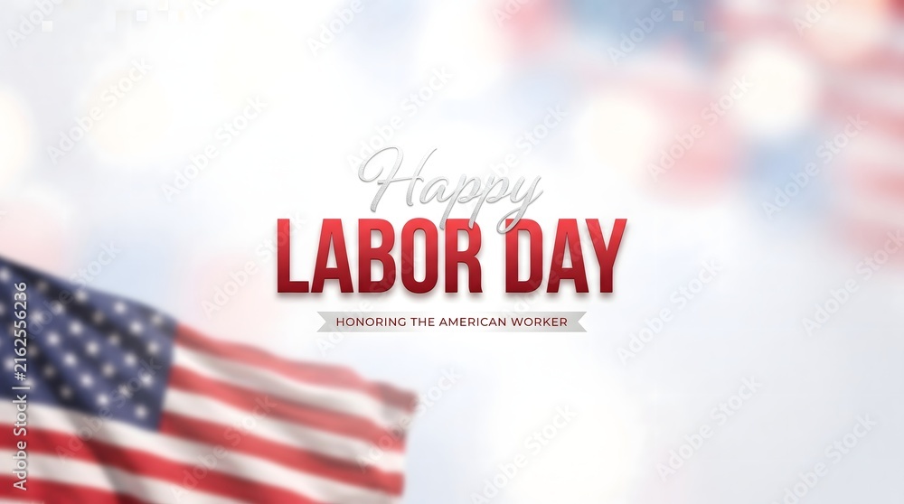 Obraz premium Happy labor day greeting card with a waving american flag on a soft blurred white background