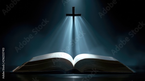 holy bible open book with shining holy cross