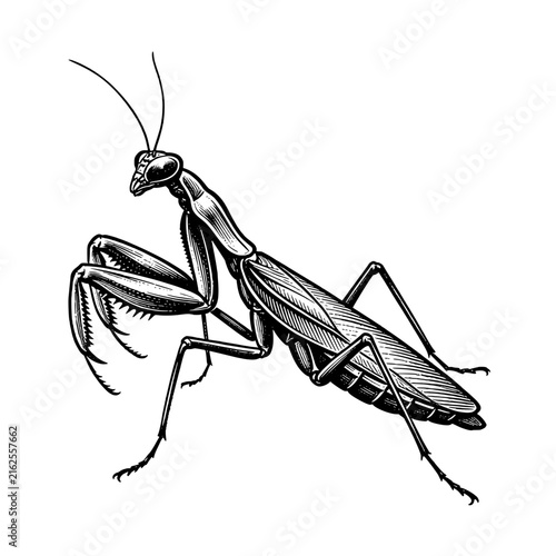 Praying Mantis Side View  Hand-drawn vintage engraving illustration