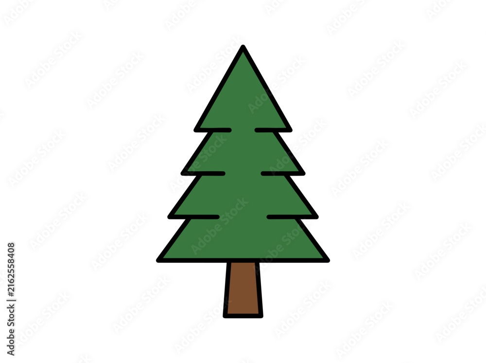 Fototapeta premium Simple stylized green pine tree icon with brown trunk on white background