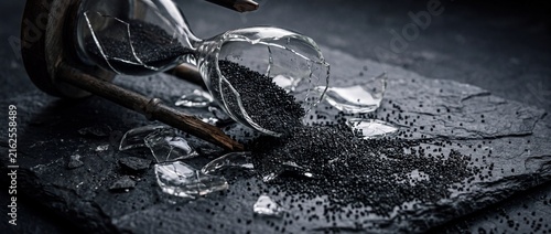 Broken glass hourglass spilling black sand granules onto dark slate surface symbolizing time loss or final countdown in dramatic way
