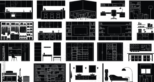 Canvas Print Modern Home Interior Silhouette Collection with Furniture Layouts and Residentia