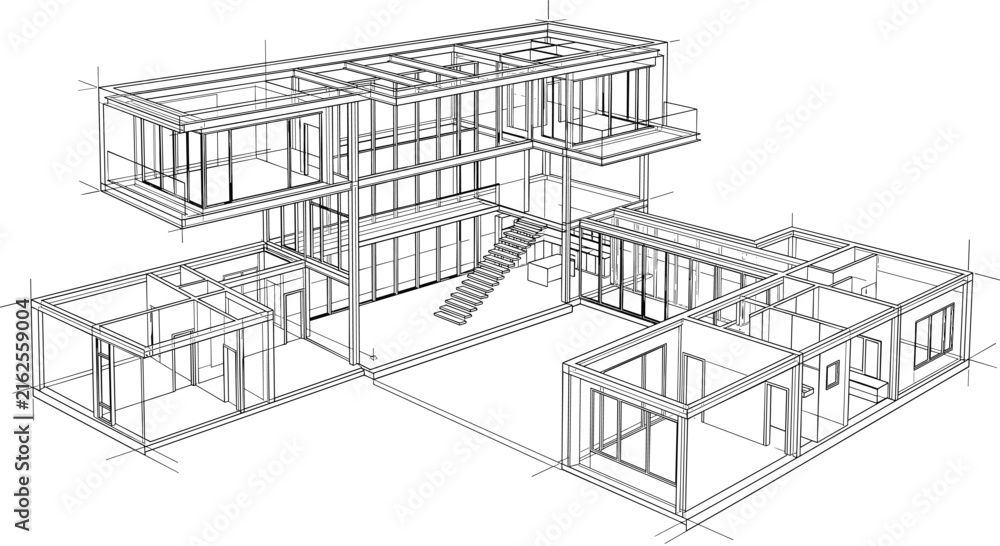 Fototapeta premium Modern House Wireframe Architectural Framework with Structural Engineering and Interior Layout Illustration