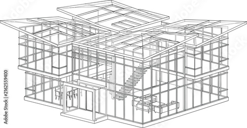 Modern House Wireframe Cutaway Illustration with Architectural Framework and Structural Engineering Design