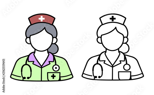 Healthcare nurse character avatars in two styles isolated on white background