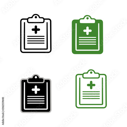 Medical report clipboard and prescription icons set isolated on white background