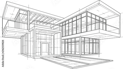 Modern Luxury House Wireframe Perspective with Contemporary Architectural Framework and Structural Line Drawing
