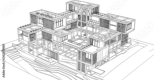 Modern Residential Building Wireframe Illustration with Architectural Framework and Structural Engineering Design