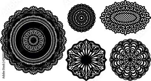 Obraz na plátne Set of intricate black lace doilies and circular decorative ornaments, elegant v