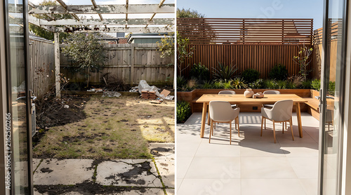 Comparison of a neglected backyard transformation into a modern outdoor dining space with wooden fencing and lush greenery