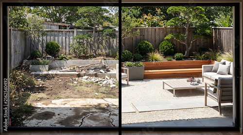 Transformation of a neglected backyard into a modern outdoor living space with stylish furniture and lush greenery