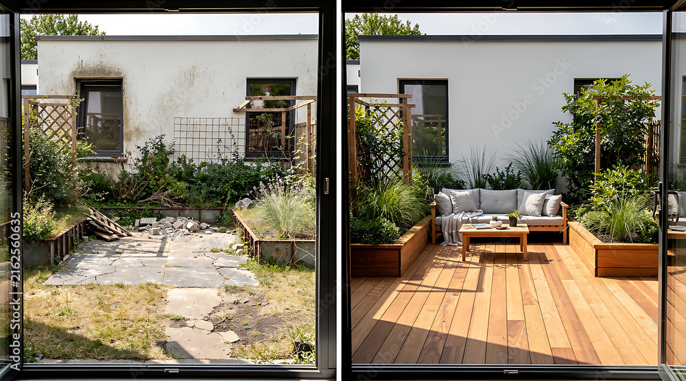 Fototapeta premium Transformative backyard renovation showcasing before and after patio makeover with lush greenery and modern outdoor furniture