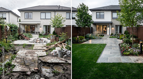 Transformation of Residential Backyard from Construction Site to Elegant Garden Sanctuary