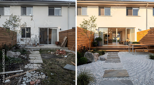 Comparison of Backyard Transformation Showing Before and After Landscaping and Renovation in a Modern Residential Backyard