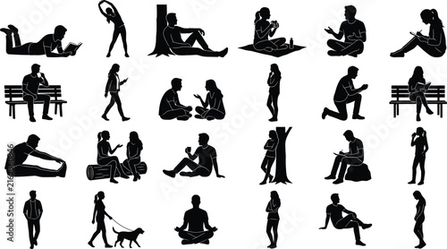 People Lifestyle Silhouette Collection with Daily Activities Relaxation Communication and Outdoor Moments