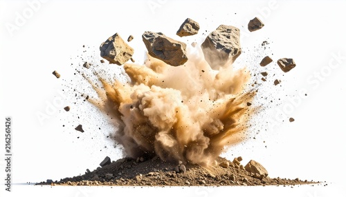Dynamic Explosion of Rocks and Dust Captured in Mid-Air Against a Clean White Background