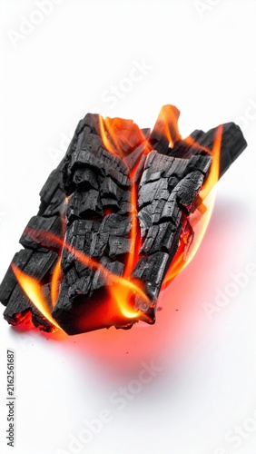 Glowing Charcoal with Vibrant Flames on White Background Capturing Heat and Energy