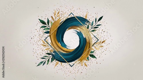 Abstract teal and gold watercolor brushstrokes with botanical leaves